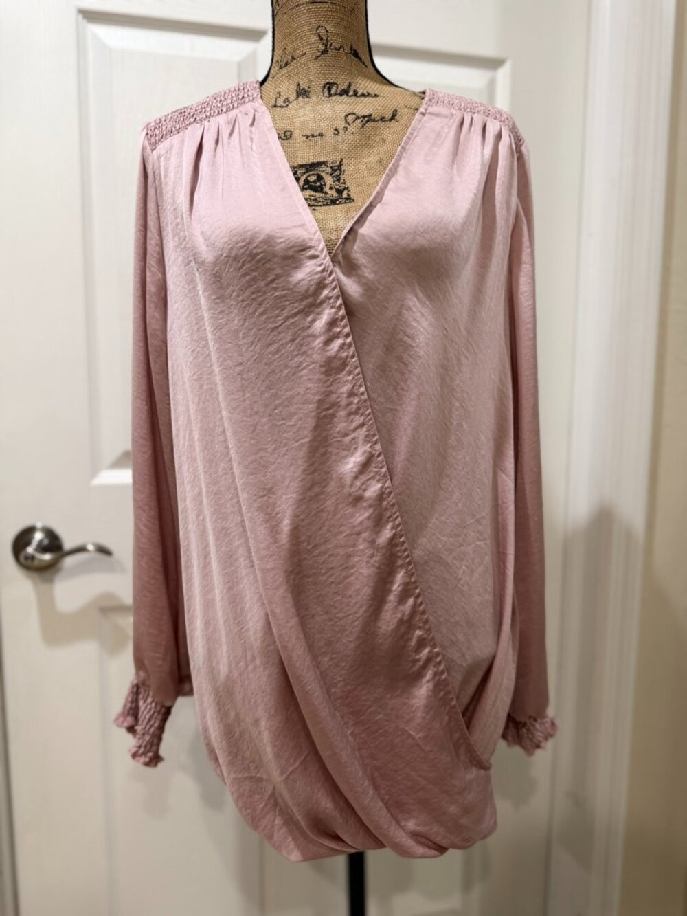 Dusty Pink Wrap Blouse Smocked Shoulders Long Sleeve Women's XL